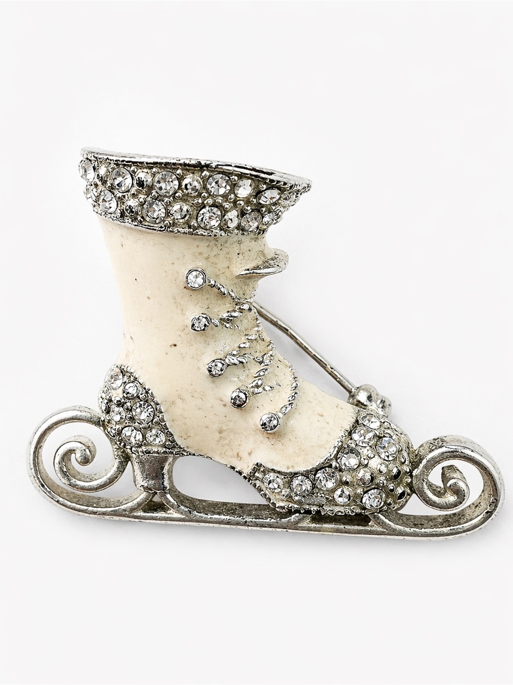 Vintage Enamel Ice Skate Brooch Rhinestone Crystal Winter FiguraI Pin SilverTone
